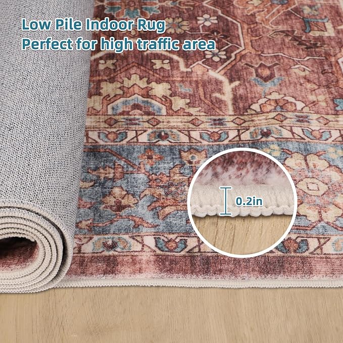 Dripex Vintage Washable Area Rug - 5x8 Distressed Rugs for Living Room Bedroom Oriental Medallion Floral Print Carpet Low-Pile Indoor Soft Non-Slip Accent Rug Farmhouse Office Home Decor