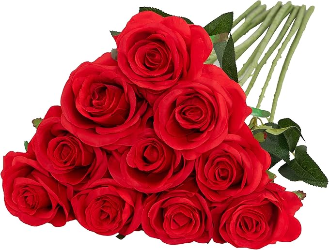 Nubry Artificial Silk Rose Flower Bouquet Lifelike Fake Rose for Wedding Home Party Decoration Event Gift 10pcs (Red)