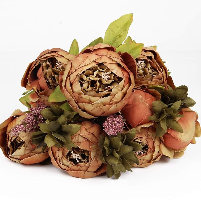 Flojery Silk Peony Bouquet Vintage Artificial Peonies Flower for Home Wedding Party Decor (1pcs, Coffee)