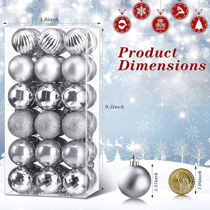 36 Pieces Christmas Ball Ornaments Shatterproof Christmas Decorations Tree Balls for Tree Ornaments Holiday Wedding Party Decoration Hooks 1.57 Inch (Sliver)