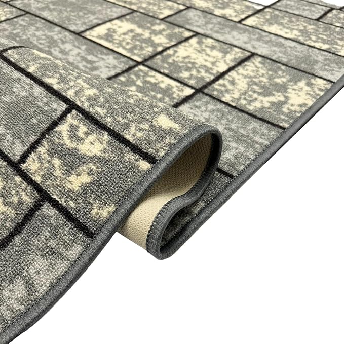 Custom Size Grey Ivory Stone Boxes Rubber Backed Non-Slip Hallway Stair Runner Rug Carpet 22 inch Wide Choose Your Length 22in X 12ft