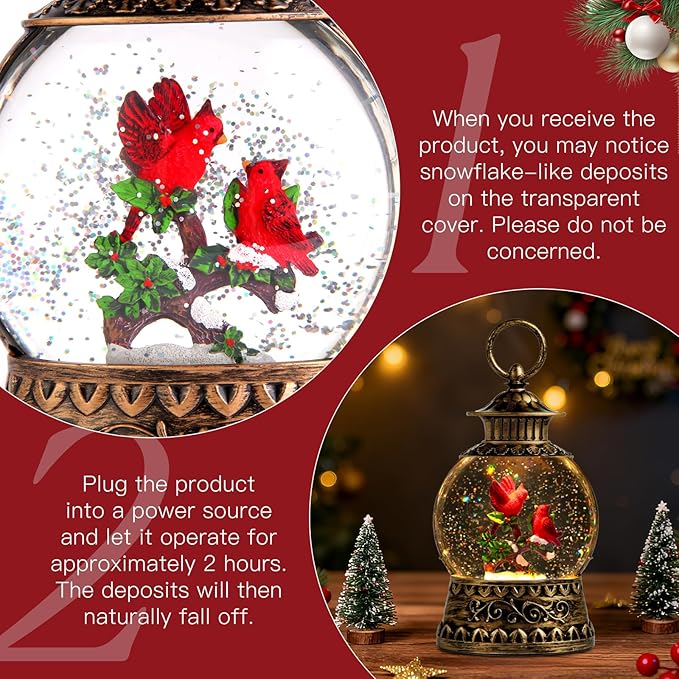 Cardinal Christmas Snow Globe, Cardinal Musical Snow Globe Lantern Lights with 6H Timer Battery & USB Powered, Retro Style Holiday Glitter Globe for Xmas Home Decoration Holiday Party Gifts