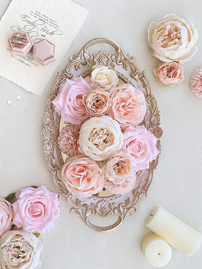 Peonies Artificial Flowers Pink Silk Roses Bulk for DIY Wedding Bouquet Bridal Shower Decorations Fake Floral Arrangements Party Table Centerpieces Home Decor Indoor Blush Peach Box 20pcs