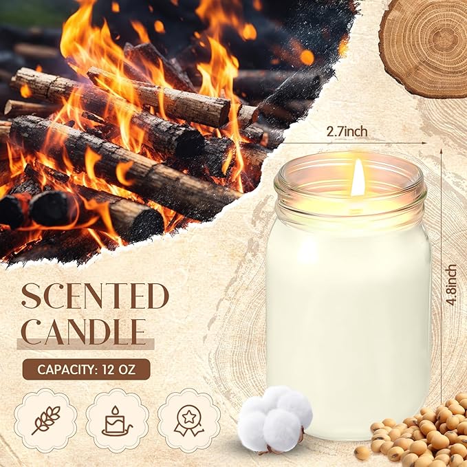 MTLEE 4 Pack 12 oz Mason Jar Soy Candle with Essential Oils Scented Soy Wax Candles for Home Valentine Christmas Wedding Birthday Gift Farmhouse Collection Baby Shower Party(Fireside Birch)