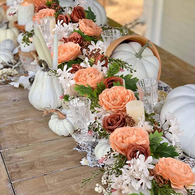 2 Pack Artificial Peony Flower Garland - 6ft Silk Peony Garland Flowers Vine Blue and White Peony Silk Flowers for Wedding Arch Party Table Decoration (Orange)