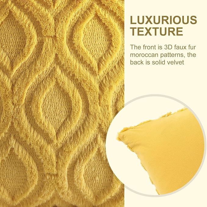 decorUhome Throw Pillow Covers 18x18 Inch Set of 2, Soft Plush Faux Wool Mustard Yellow Solid Couch Pillow Covers, Accent Farmhouse Neutral Square Pillow Cases for Sofa Bed Living Room