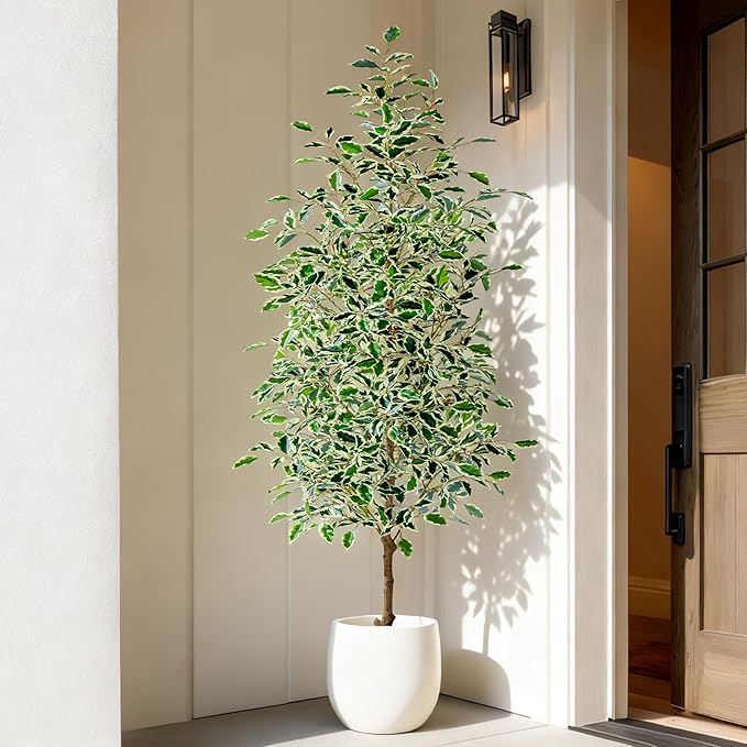 6FT Artificial Ficus Trees Indoor Faux Trees Indoor Fake Floor Plants Tall Artificial Tree with White Pot Faux Tree Fake Indoor Tree Silk Plants Artificial Trees for Home Decor Indoor