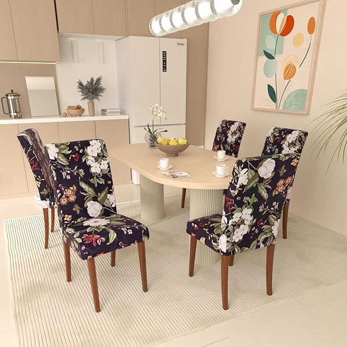 Stretch Dining Chair Covers Set of 6,Floral Print Chair Covers,Soft Removable Washable,Pet Friendly Furniture Protector,Universal Chair Slipcovers for Home, Kitchen,Ceremony Dining Room Seat