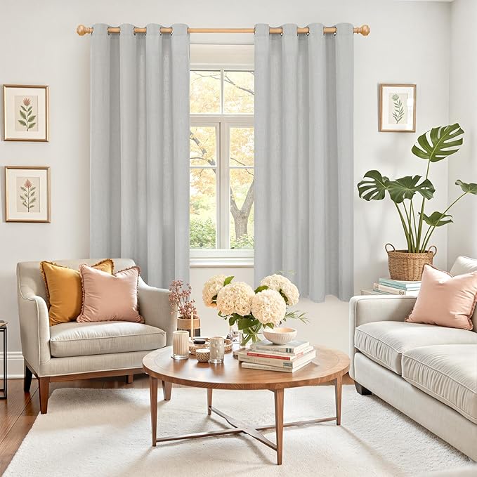 YoungsTex Grey Linen Curtains 63 Inch Length 2 Panels with Grommet for Living Room, Light Filtering Drapes No See Through Privacy for Bedroom, 52 X 63 Inch