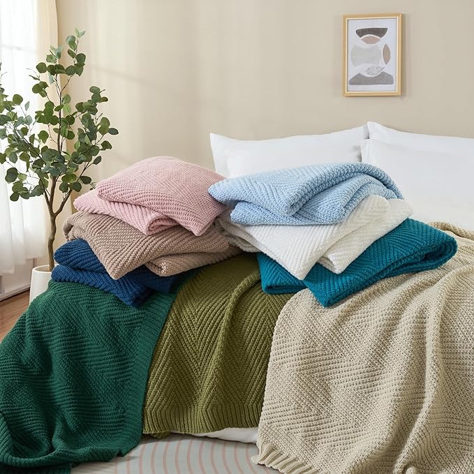 Knitted Throw Blanket 50"X60", Tan Brown Knit Throws for Bed, Super Soft Boho Chevron Blankets for Couch Sofa Chair Room Decor, Textured Decorative Farmhouse Cozy Lightweight