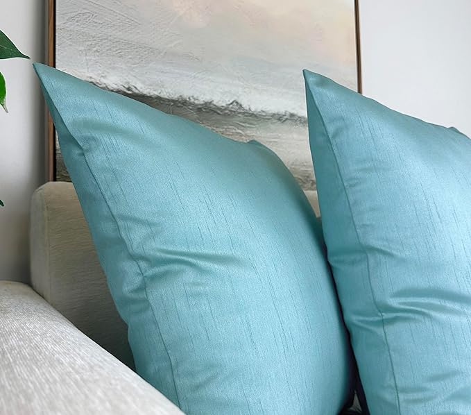 Aiking Home 18x18 Inches Faux Silk Square Throw Pillow Cover, Zipper Closure, Aqua (Set of 2)