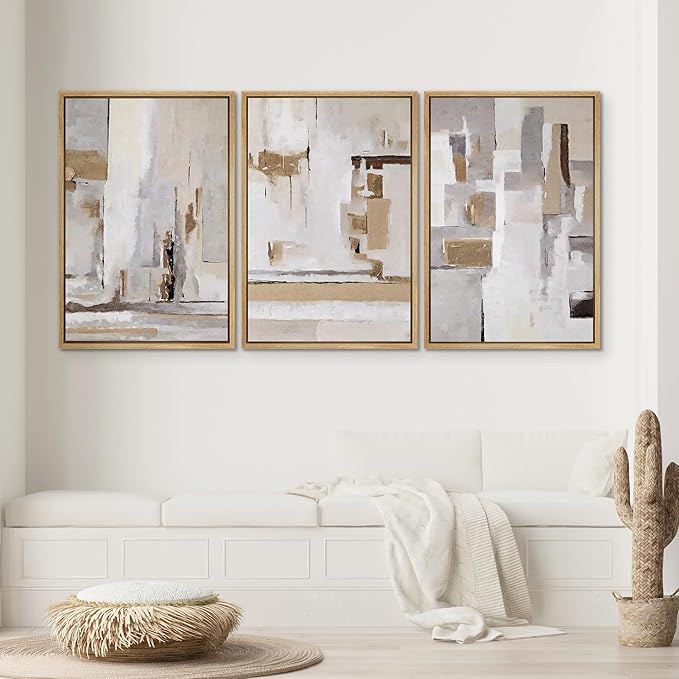 SIGNWIN Framed Canvas Print Wall Art Set Abstract Geometric Neutral Beige and White Illustrations Modern Art Decorative Rustic Calm/Zen for Living Room, Bedroom, Office - 16"x24"x3 Natural