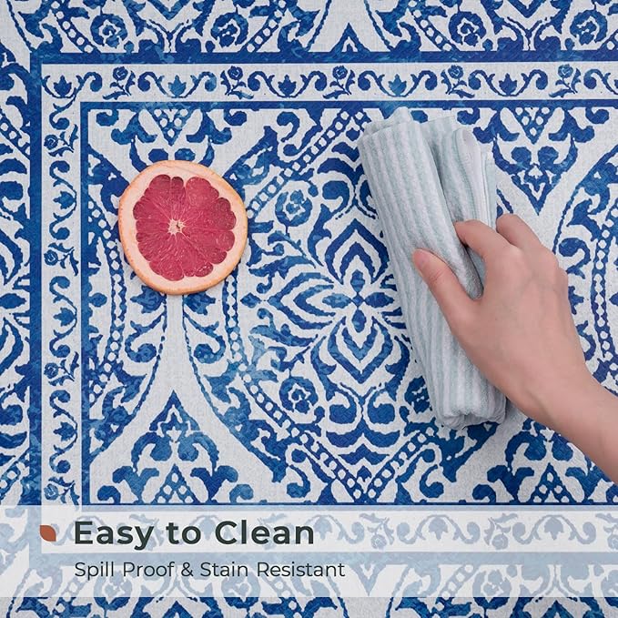 FRESHMINT 2 Piece Set Boho Kitchen Mats for Floor Bohemian Distressed Anti Fatigue Kitchen Rugs Vintage Farmhouse Cushioned Kitchen Runners for Standing Waterproof & Non-Skid Comfort, Sea Blue