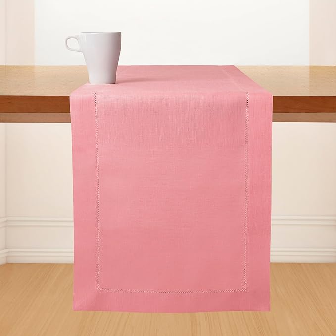 D'Moksha Homes Linen Dusty Pink Table Runner 84 Inches Long - 100% Pure Linen Table Runner 14 x 84 Inch for Valentines, Spring, Easter - Classic Hemstitch