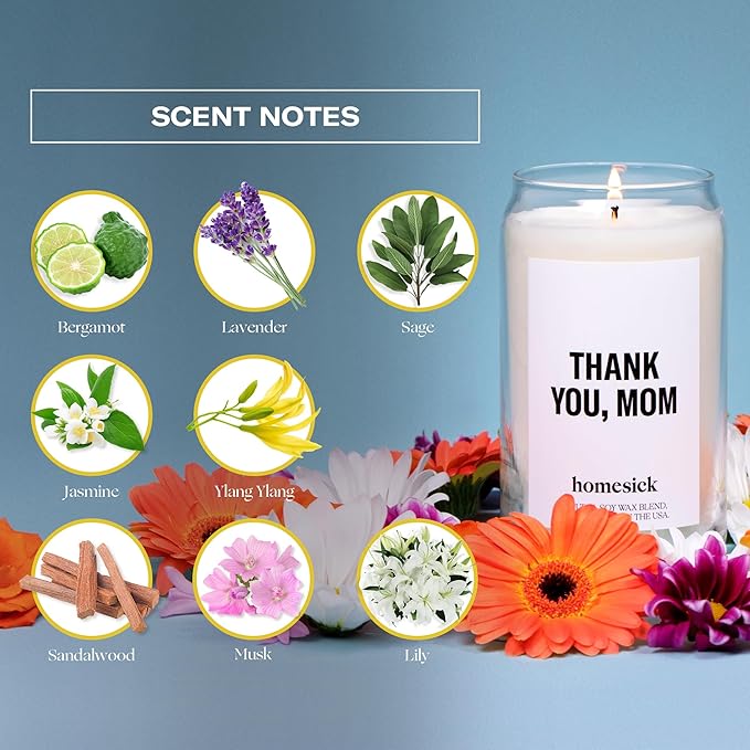Homesick Thank You Mom Candle – 13.75 oz Scented Candle in Sage Sandalwood Soy Wax Blend, Non-Toxic, 80 Hr Burn with Organic Cotton Wick, Reusable Jar – Best Wedding & Engagement Gifts for Couples
