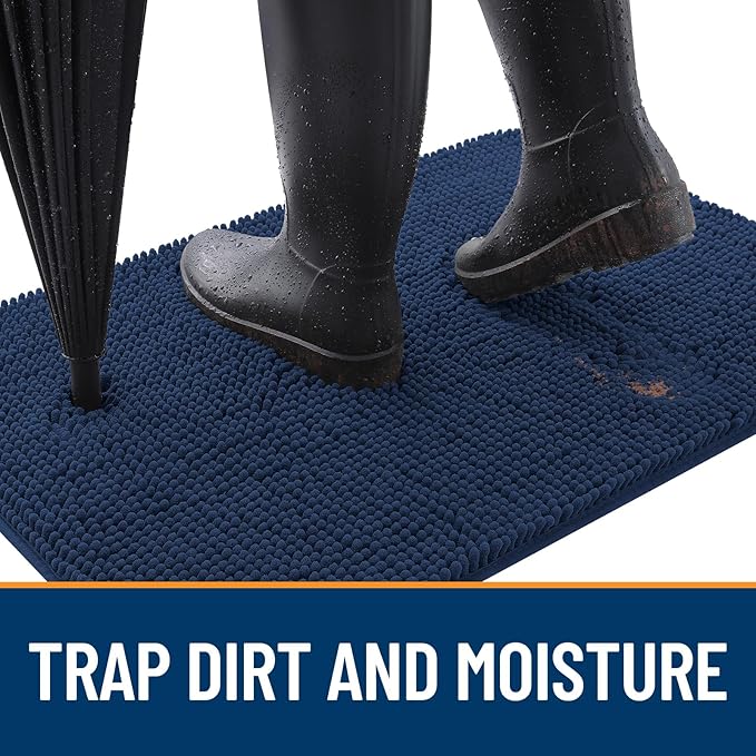 OLANLY Dog Door Mat for Muddy Paws 47x20, Absorbs Moisture and Dirt, Absorbent Non-Slip Washable Doormat, Quick Dry Chenille Mud Mat for Dogs, Entry Indoor Entryway Carpet for Inside Floor, Dark Blue