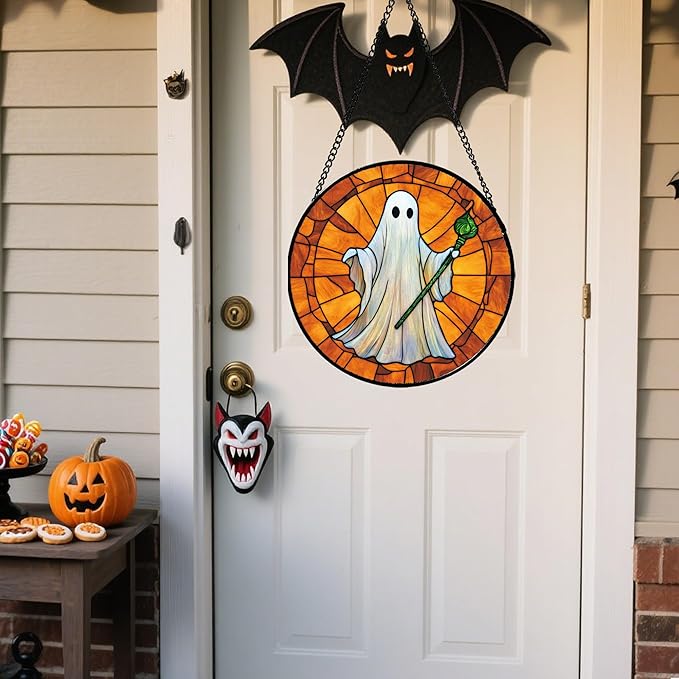 Stained Glass Window Hanging - Halloween Decorations Ghost Witch Wand Suncatcher for Doors Garden Spooky Funny Orange Sun Catchers Gothic Decor Horror Gifts for Women Men Friend 6.3 in