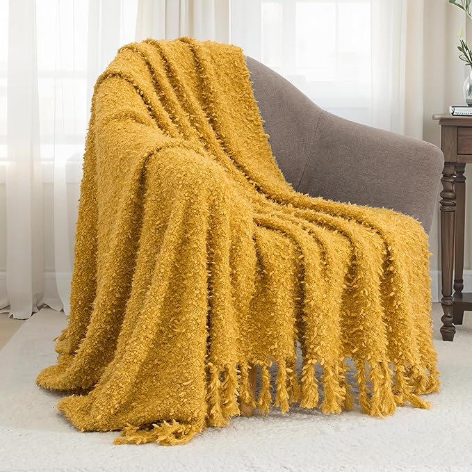 Winter Knit Throw Blanket Fluffy Fuzzy Soft Lightweight Cozy Farmhouse Tassels Chunky Knitted Throws for Couch Sofa Bed (Mustard Yellow, 50"x60")