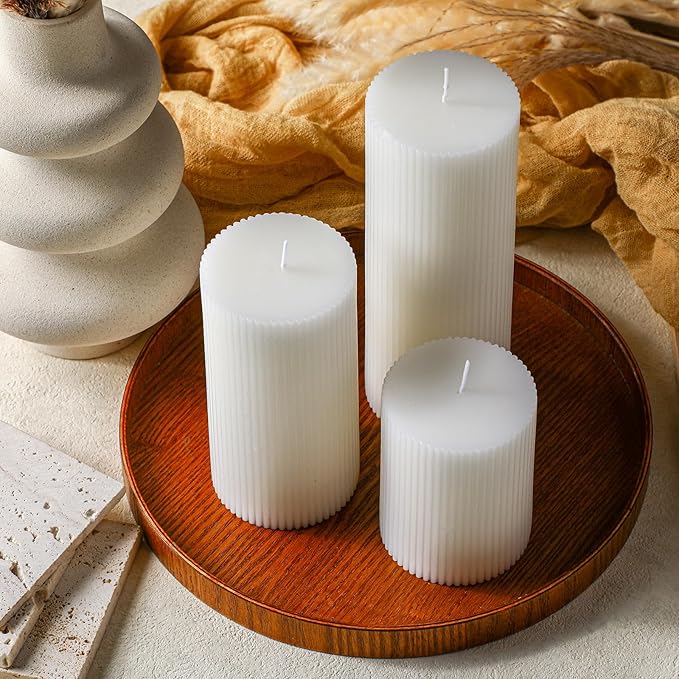Ribbed Pillar Candles Set of 3, Width 3" High 4" 6" 8" Large Soy Wax Orchids Scented Pillar Candles Aesthetic Ribbed Modern Home Decor for Bathroom Living Room(White)