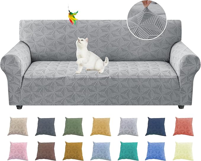 YEMYHOM 1 Piece Stretch Couch Covers for 3 Cushion Couch, Jacquard Sofa Cover with Non-Slip Elastic Bottom, Thickened Slipcover Furniture Protector for Dogs Pets (Large, Light Gray)