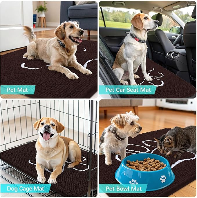 OLANLY Dog Door Mat for Muddy Paws 47x32, Paw Print Design, Absorbs Moisture and Dirt, Absorbent Non-Slip Washable Doormat, Quick Dry Chenille Mud Mat for Dogs, Entry Indoor Entryway Carpet, Brown