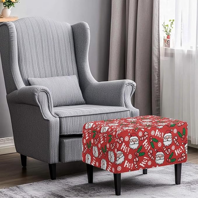 Santa & Candy Cane Christmas Ottoman Cover - Removable, Machine Washable Stretch Slipcover for Rectangular Storage Ottomans, Festive Decor