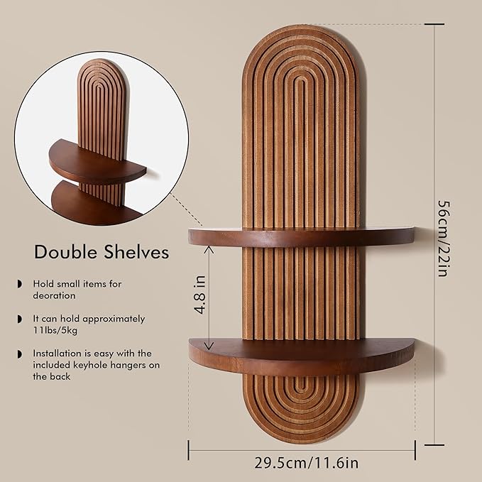 Modern Wall Shelf with Arched Wood Design Mid-Century Double Floating Rainbow Shelves for Indoor Decoration Holding Planter Ornaments, 22 x 11.6 Inch (Walnut)