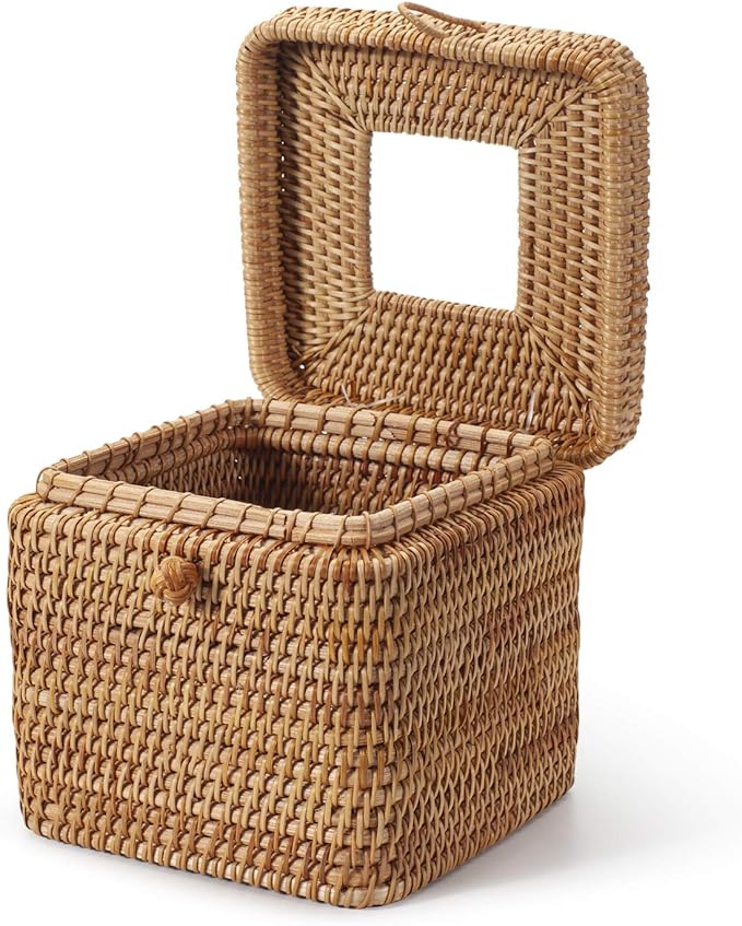 Rattan Square Tissue Box Cover, 5.7" x 5.7" x 5", Decorative Woven Facial Tissue Holder with Hinged Top Lid, Natural Color