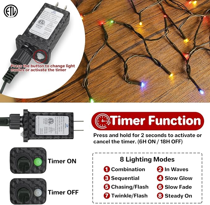 100 LED Christmas String Lights, 33 FT Connectable Waterproof String Lights Green Wire with Timer Memory Function & 8 Modes, for Indoor Outdoor Xmas Trees Party Garden, 33 FT Multicolor