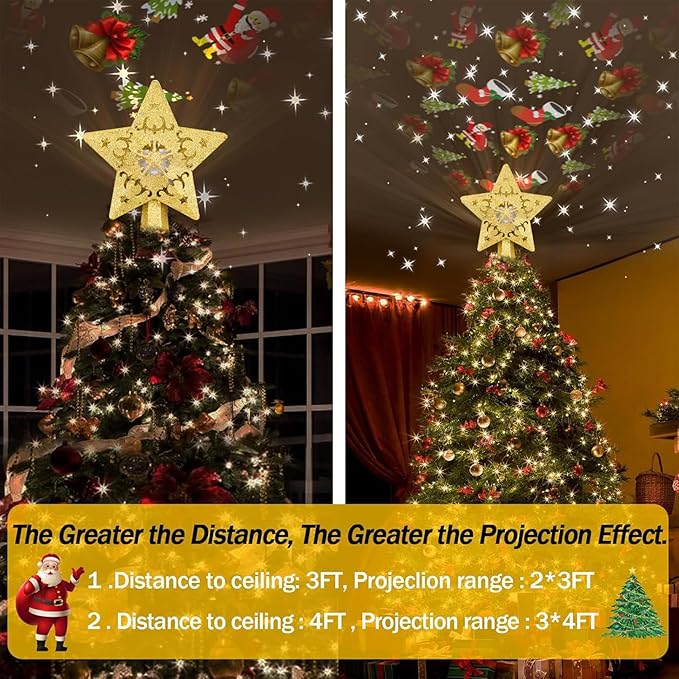 Christmas Tree Topper, 3D Rotating Pattern Projector for Xmas Tree Topper, Hollow Design Christmas Decorations,Christmas Decor