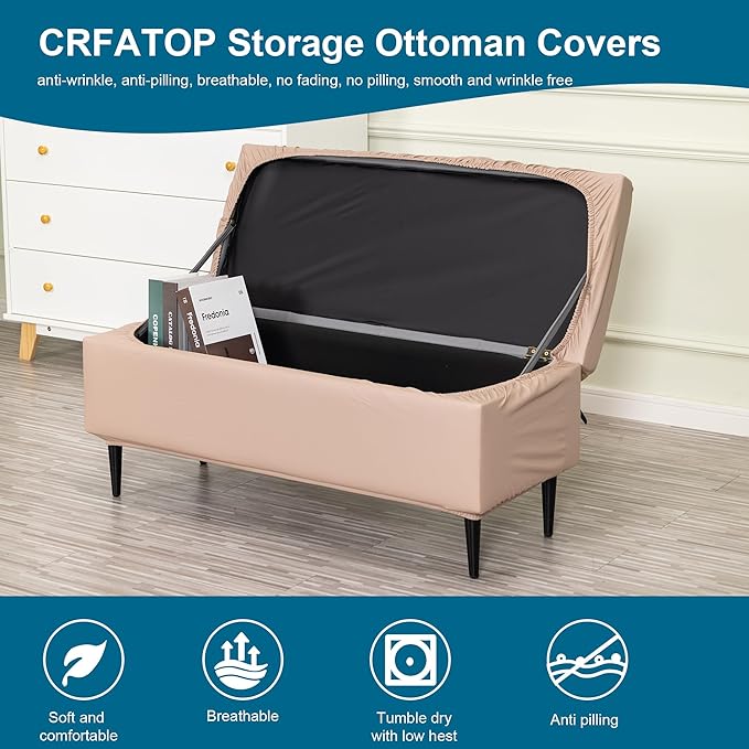 CRFATOP Waterproof PU Ottoman Stool Cover Stretch Folding Storage Footstool Bench Slipcovers Upholstered Foot Chest Chair Covers Washable Entryway Furniture Protector with Elastic Bands,M,Taupe
