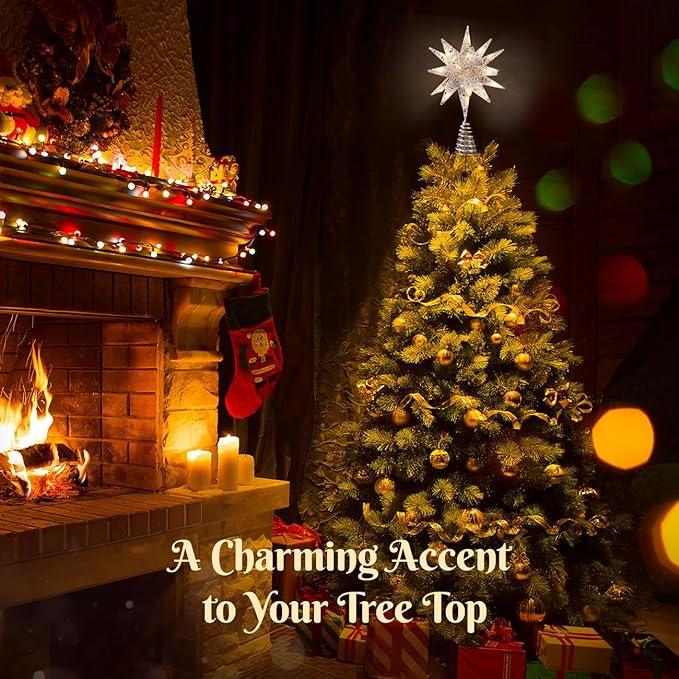 Luxspire Christmas Tree Topper, 3D Starburst Lighted Tree Topper, Plug in Christmas Star with Timer, Light Up Xmas Vintage/Modern Decorations for Holiday, Silver