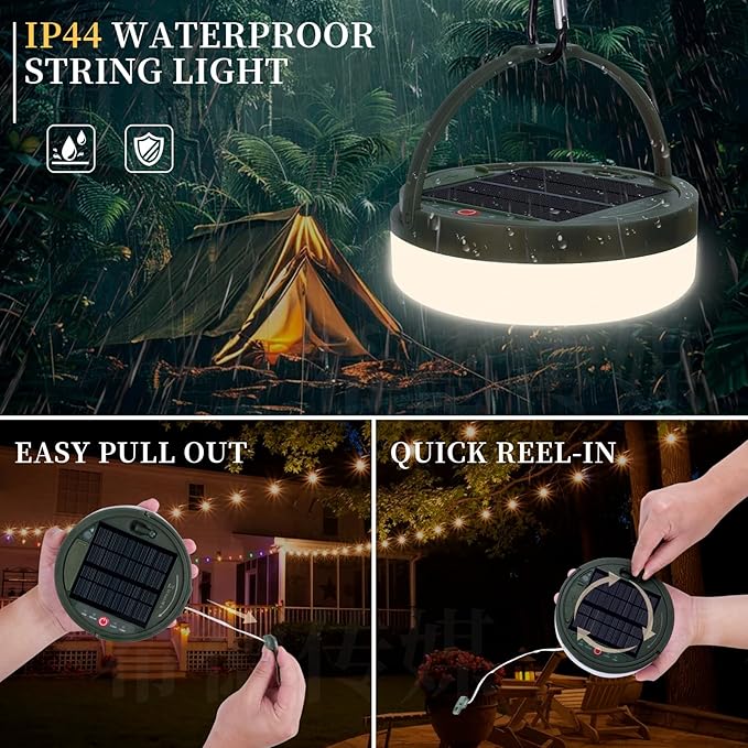 Solar Camping Lights 130LEDs,33 FT Fairy Lightswith 13 Lighting,Portable Waterproof 4 in1 Camping Lantern,Retractable Christmas Twinkle Lights Design & Hooks for Outdoor Garden Party Essentials