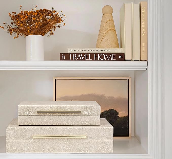 HofferRuffer Faux Leather Decorative Boxes Set of 2, Large Nesting Keepsake Box Accessory Organizer Jewelry Organizer with Hinged Lid, Stacking Storage Box Container for Home or Office (Light Grey)