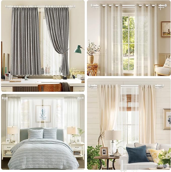 White Double Curtain Rods for Windows 36 to 72 inch, Farmhouse Vintage Decorative 1 Inch Adjustable Dual Curtain Rod, Heavy Duty Boho Double Drapery Pole with Antique White Grain Finials