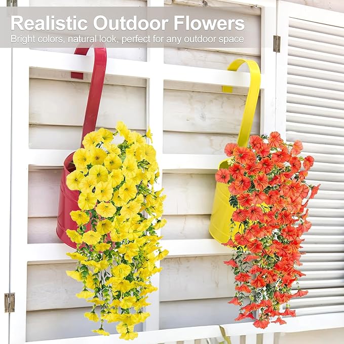 Artificial Flowers for Outdoors Decoration, 4Pcs Fake Hanging Flowers Morning Glory UV & Fading Resistant, Artificial Faux Plants Deocr for Home Porch Patio Balcony Planter Yard Garden Farmhouse