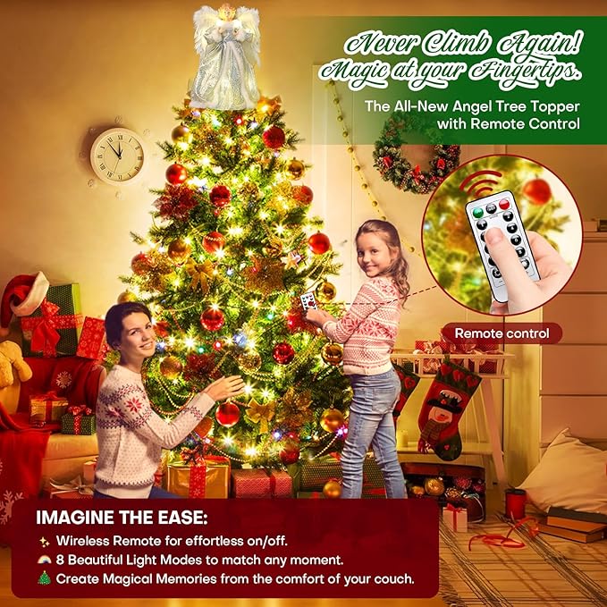 Angel Christmas Tree Topper with Lights and Remote Control, Lighted Tree Toppers Christmas Decorations, Elegant and Durable, Perfect for Xmas Holiday Home Decor and Gifts, Silver, WOKEISE