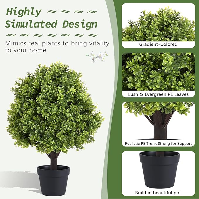 24" Faux Boxwood Plants Outdoor, Artificial Topiary Ball Trees Set of 2, UV Resistant Fake Potted Evergreen Realistic Greenery Bushes Shrubs for Outside Front Porch Planter Patio Indoor Decor 2ft Tall