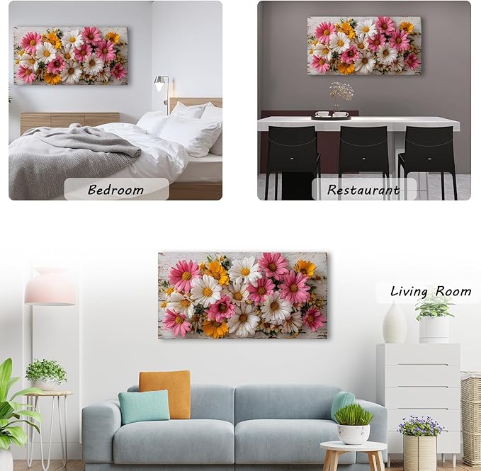 KZKU Rustic Daisy Canvas Wall Art-Large Floral Print on Weathered Blue Wood Background- Modern Farmhouse Decor for Living Room Bedroom20X40in