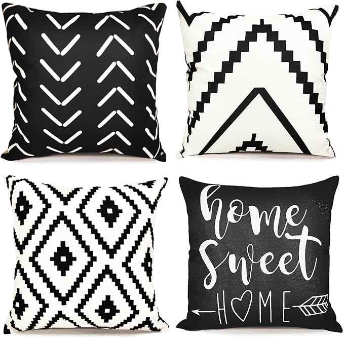 Decorative Throw Pillow Covers 16x16 inch Set of 4 Black White Pillow Covers for Couch Sofa Bed Living Room,Farmhouse Outdoor Throw Pillow Cover,Geometric Linen Square Throw Pillow Cases