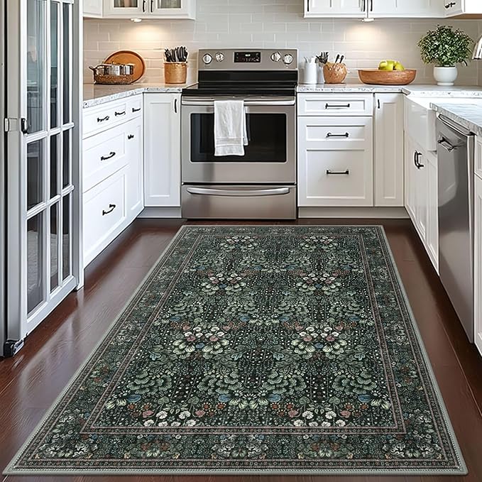 4x6 Modern Rug for Farmhouse, Dark Green Super Soft Washable Rug with Non-Slip, Low-Pile Indoor Door Area Rugs for Living Room Bedroom, Carpet with Non-Shedding