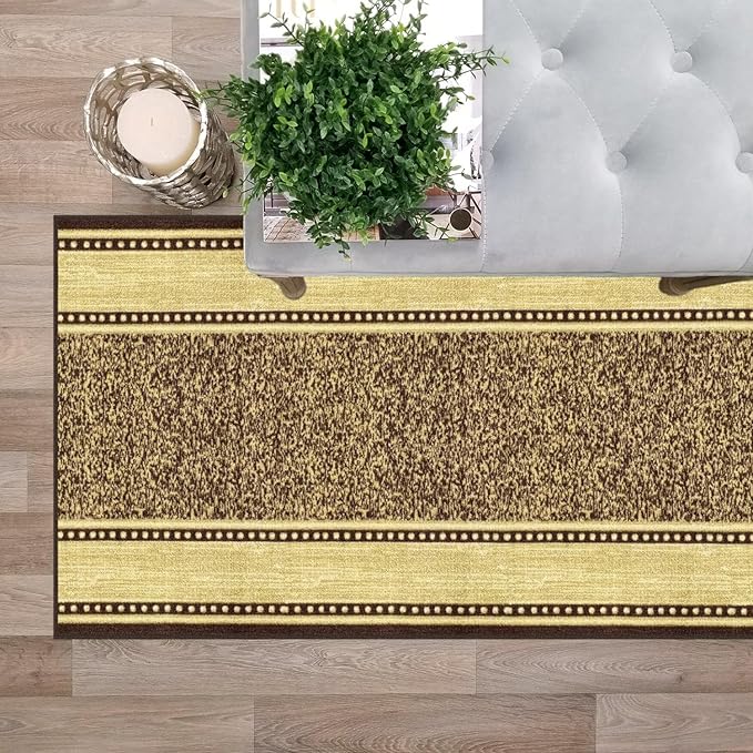 Kapaqua Custom Size Brown Gold Beige Bordered Rubber Backed Non-Slip Hallway Stair Runner Rug Carpet 31 inch Wide Choose Your Length 31in X 7ft