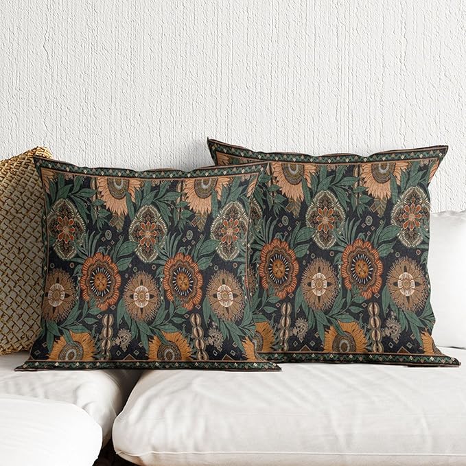 Floral Throw Pillow Covers 18x18 Inch Boho Rustic Botanical Throw Pillow Covers for Couch Vintage Moody Sunflowers Decorative Pillowcases Dark Vintage Farmhouse Sofa Cushion Cover Sets of 2