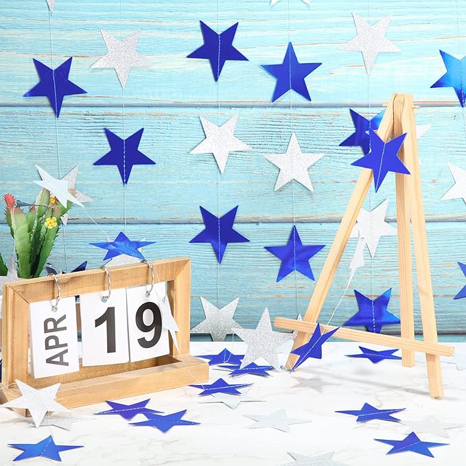 Patelai Glitter Star Garland Banner 2026 New Years Decor 130 Feet Star Hanging Banner Twinkle Backdrop for Birthday Classroom Wedding Christmas Party Supplies(Ocean Blue, Glitter Silver)