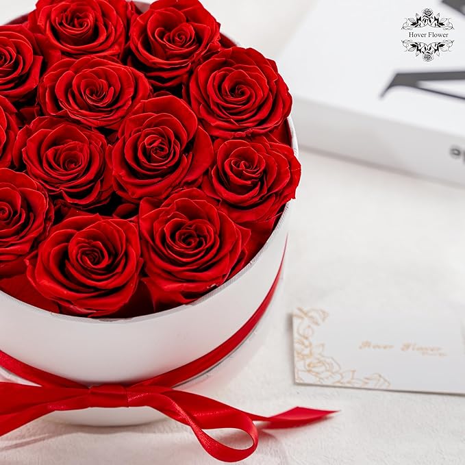 Preserved Roses in a Box, Blooming Real Roses Decor, Eternal Flowers for Delivery Prime, Best Gifts Birthday, Wedding, Anniversary, Mother's Day for Her, 12-Pieces (Red)