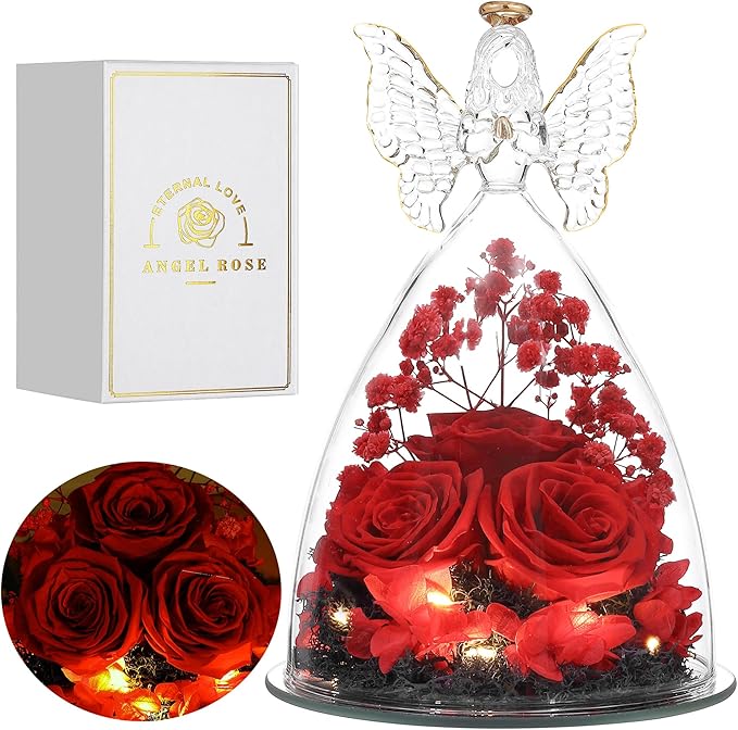Christmas Rose Gifts for Women Preserved Real Flower in Glass Angel Figurines Roses for Delivery Prime Birthday Gifts for Mom Grandma Girlfriend Wife Her - Red