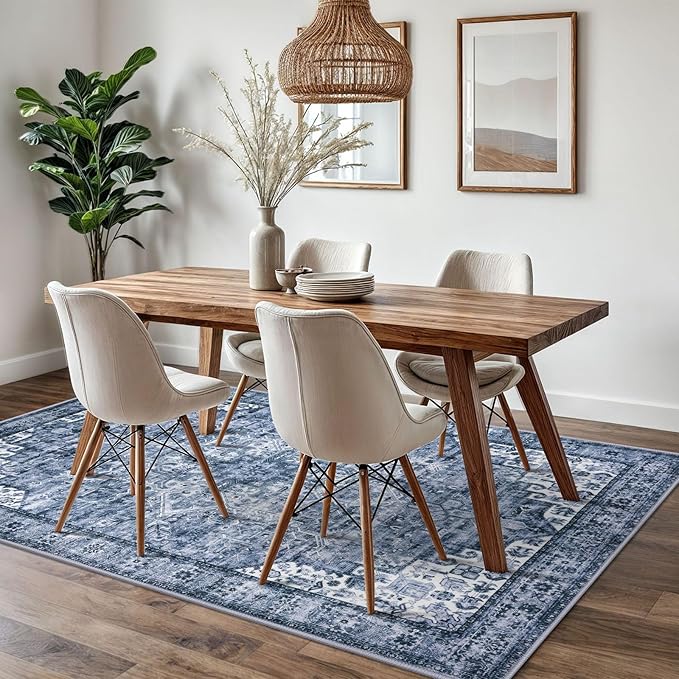 5x7 Oriental Area Rug for Living Room, Machine Washable Large Blue Printed Area Rug Non-Slip, Ultra Soft Vintage Floral Tribal Traditional Farmhouse Carpet for Dining Room Bedroom Home Décor