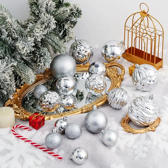 XmasExp 24ct Christmas Ball Ornaments Shatterproof Christmas Ornaments Set Decorations for Xmas Tree Balls 40mm/1.57” (1.57'', Silver)