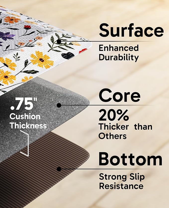 Ophanie Kitchen Mats for Floor, 3/4 inch Thick, 20x48 Anti Fatigue Cushioned Mat, Kitchen Rugs, Waterproof, Comfort Ergonomic Standing Mat for Office, Home, Sink, White Flower Non-Slip Ridged Bottom