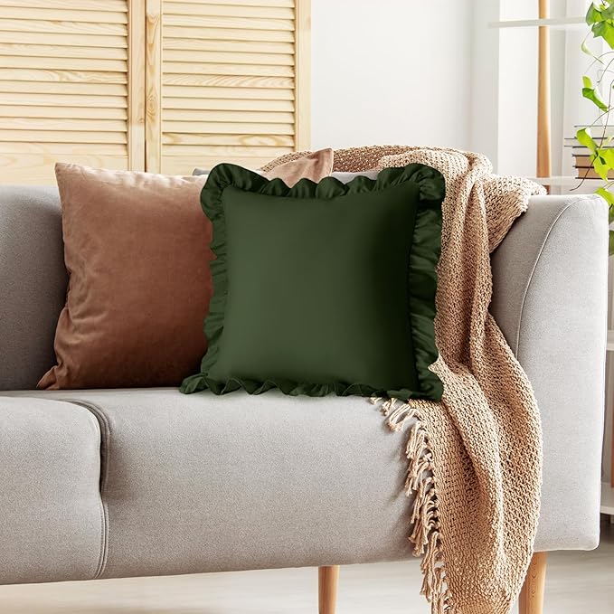 KKJIAF Ruffle Pillow Cases 26x26 Inches, Olive Green Square Ruffled Pillow Covers Set of 2, Microfiber Wrinkle Resistant Pillow Shams with Envelope Closure for Sofa Bed Living Room